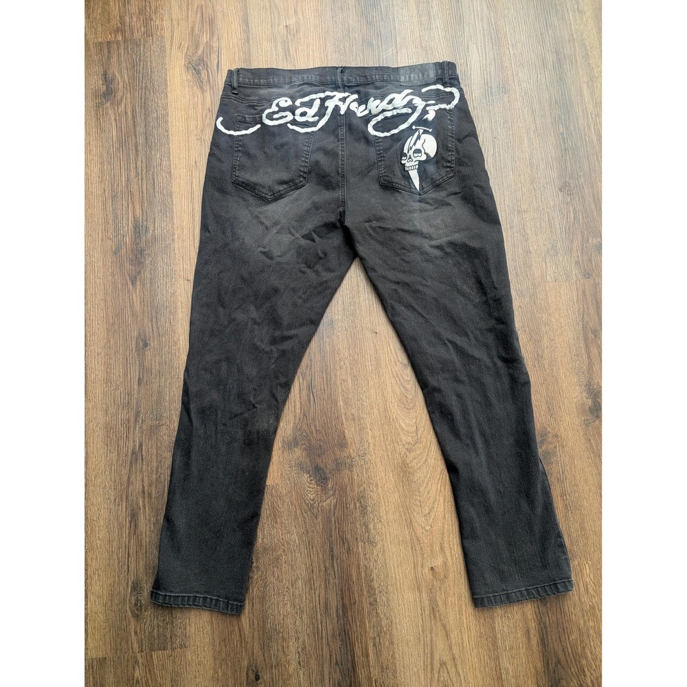 Ed Hardy Jeans Mens 40x30 Black Skinny Slim Fit Skull Tattoo Denim MEHD8300-5